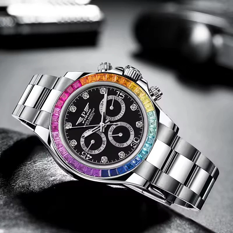 Men Luxury Rainbow Design Fashion Steel Date Multi-functional Diamond Case Diamond Dial Automatic Mechanical Watches