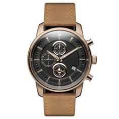 Guld kronograf kvartsur med sort urskive og grøn læderrem